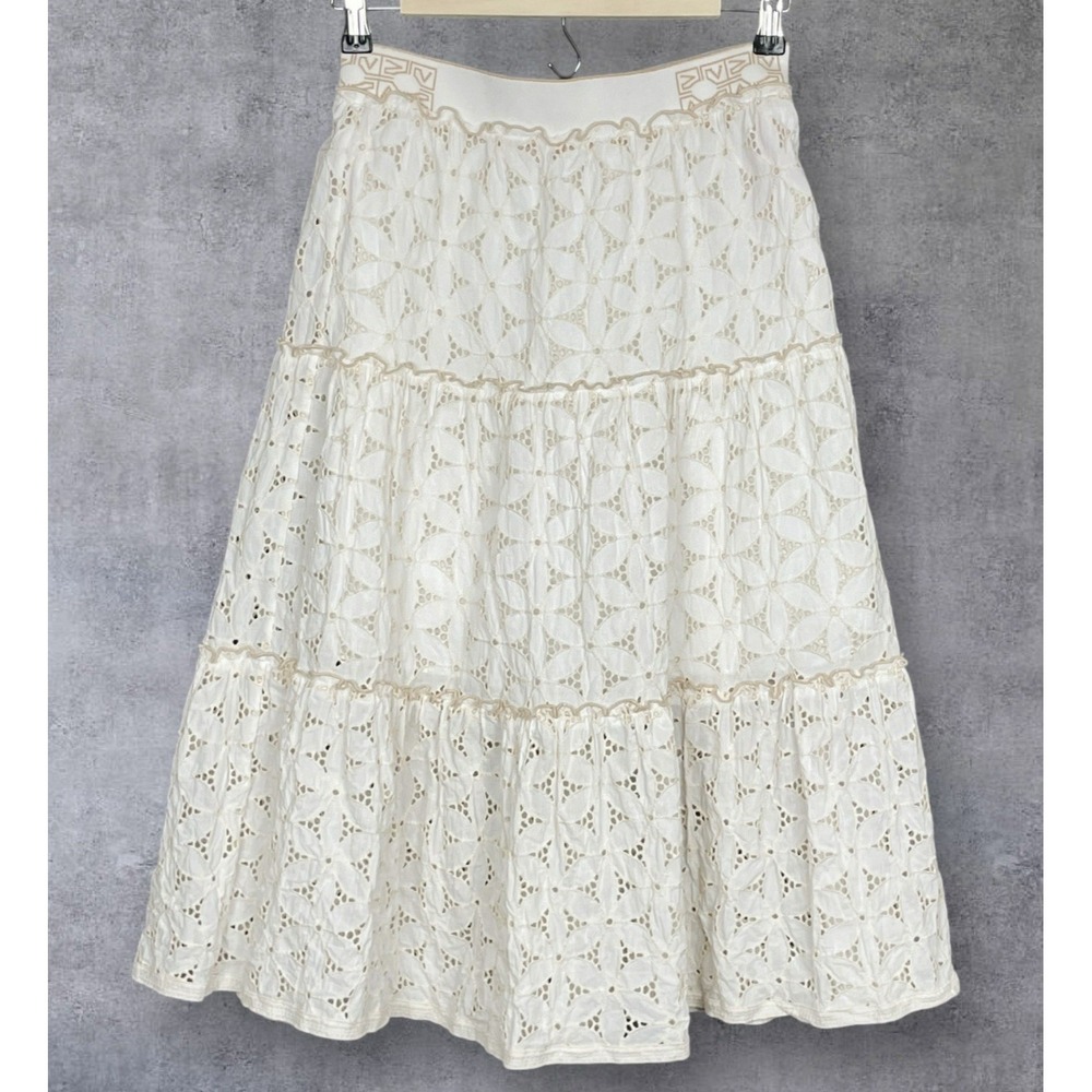 Vivienne Tam Cream Eyelet Lace Tiered Midi Skirt Sz XS Coastal Boho Cottagecore